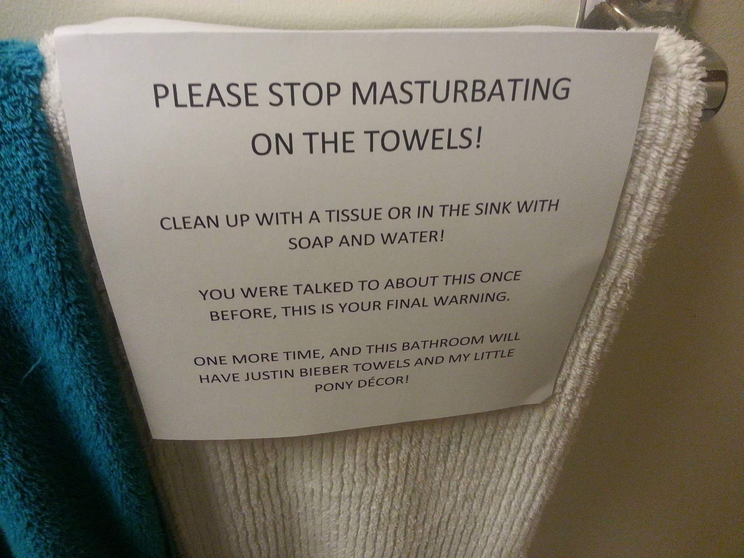 Masterbating In Bathroom
 Mom Posts Sign For Masturbating Son Warning Him Not To Use