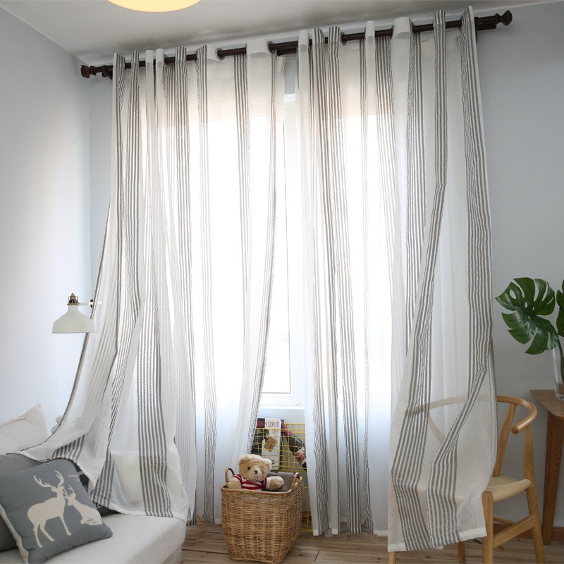 Modern Curtains For Bedroom
 Gray Striped Modern Cotton Linen Bedroom Sheer Curtains