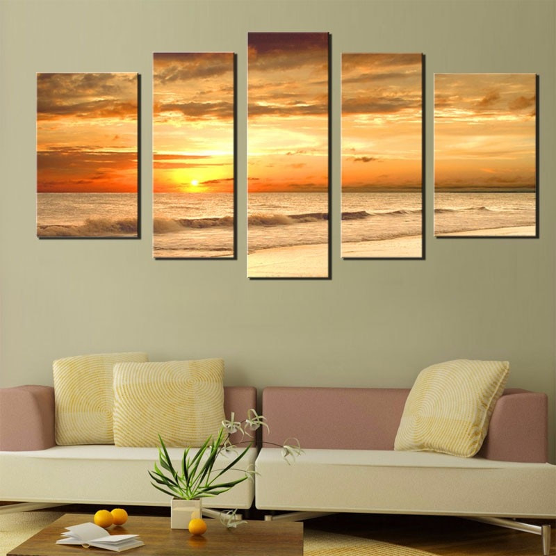 Paintings For Living Room
 Sunset Sea Beach Ocean Wave Landscape Oil Painting on