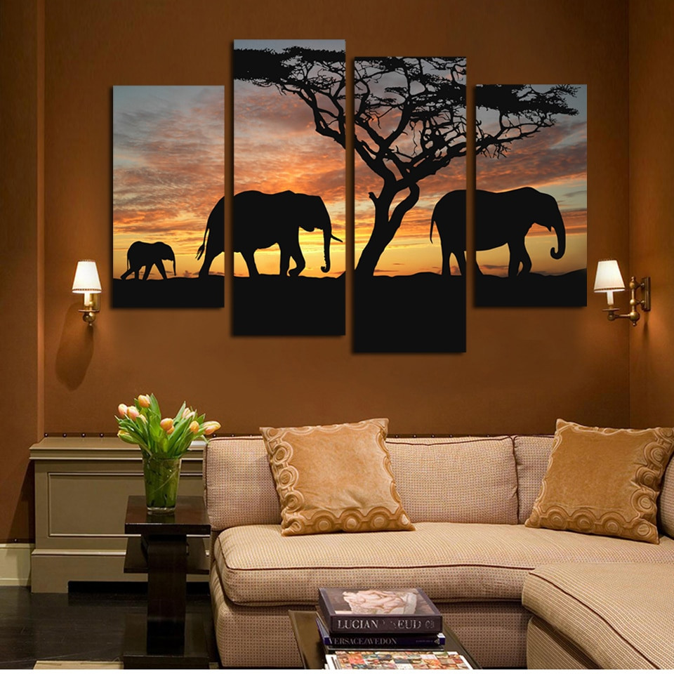 Paintings For Living Room
 4 piece canvas art new Promotion Fallout Sunset Elephant
