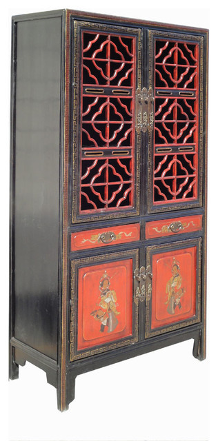 Red Kitchen Storage Cabinet
 Chinese Antique Red Gold Opera Painting Kitchen Storage