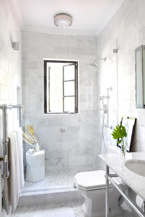 Small Marble Bathroom
 Shower with French Windows Transitional Bathroom