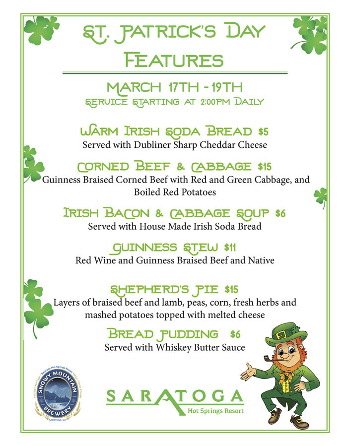 St Patrick's Day Party Menu
 Saratoga St Patrick s Day Libations & Menu Special Features