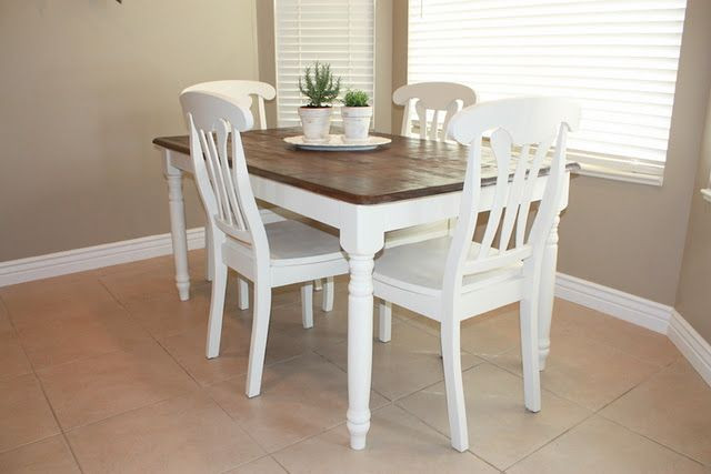 White And Wood Kitchen Table
 Kitchen table refinish Stained wood top white chairs and
