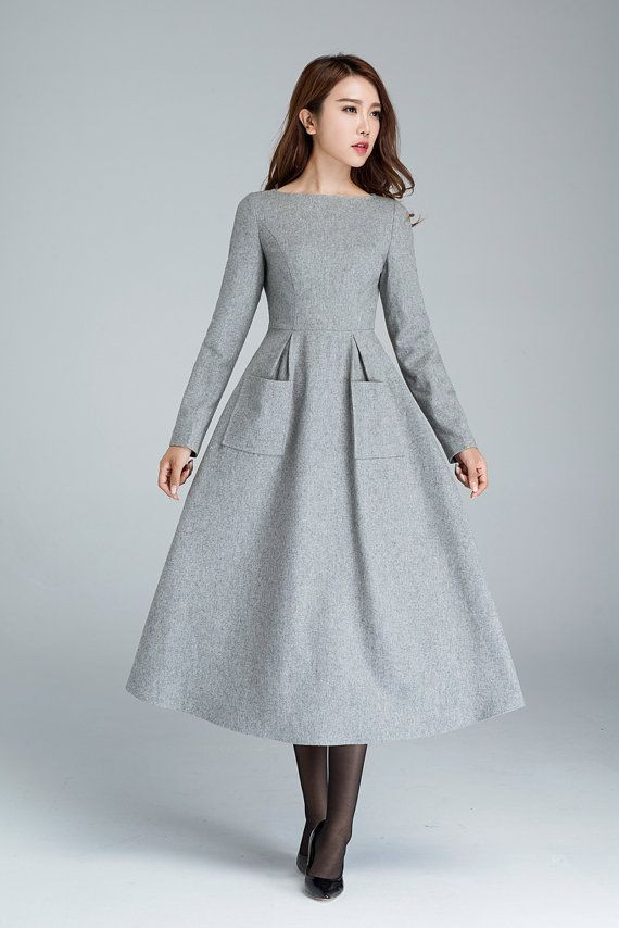 Winter Wear Design
 Wool dress dress with pockets light grey dress winter
