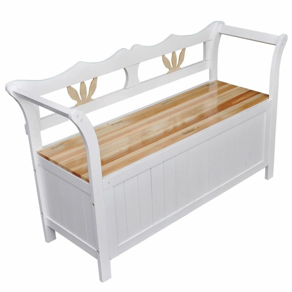 Wood Storage Bench Seat
 Wooden White Bench Storage Seat Wood Armrests Home
