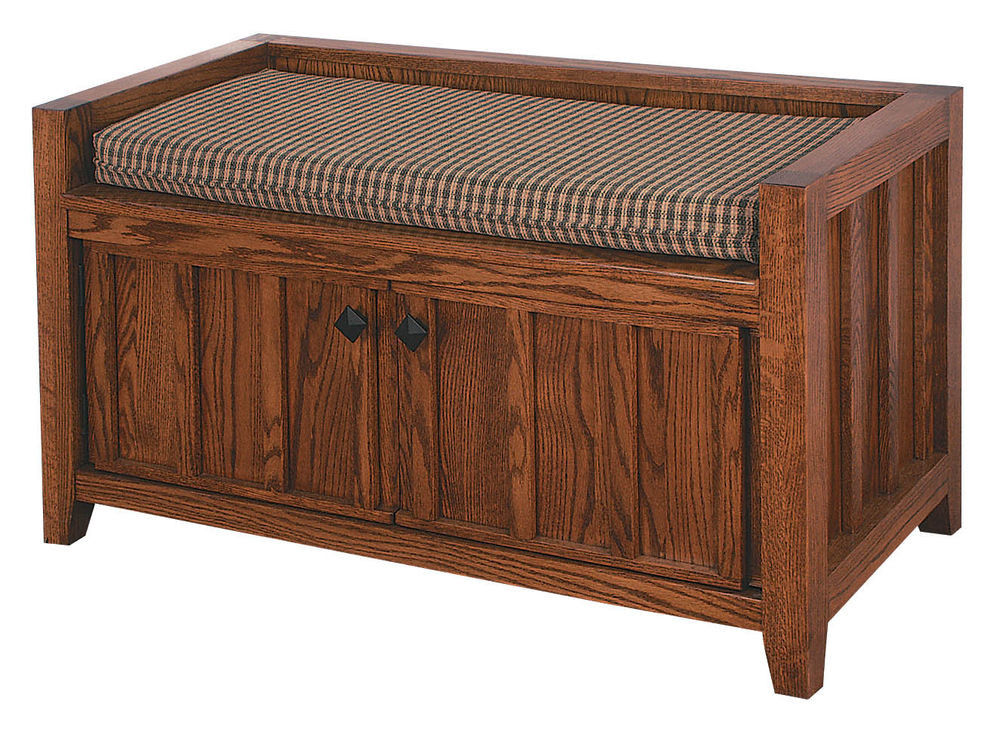 Wood Storage Bench Seat
 Amish Mission Solid Wood Bench Upholstered Cushion Bedroom
