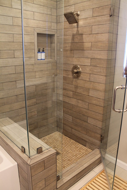 Wood Tile Bathroom
 Faux Wood Tile in Modern Shower Contemporary Bathroom