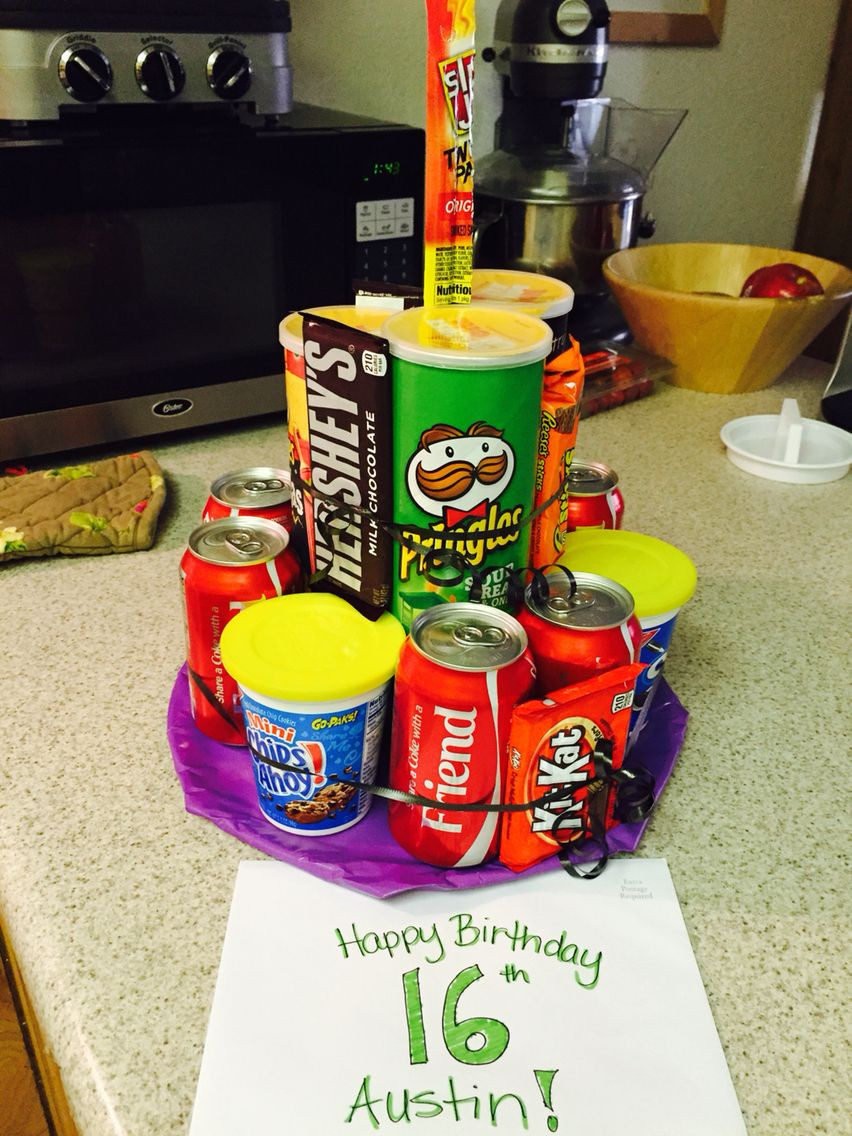 Gift Ideas For Boys Age 16
 Pringles soda candy junk "cake" 16 year old boy birthday