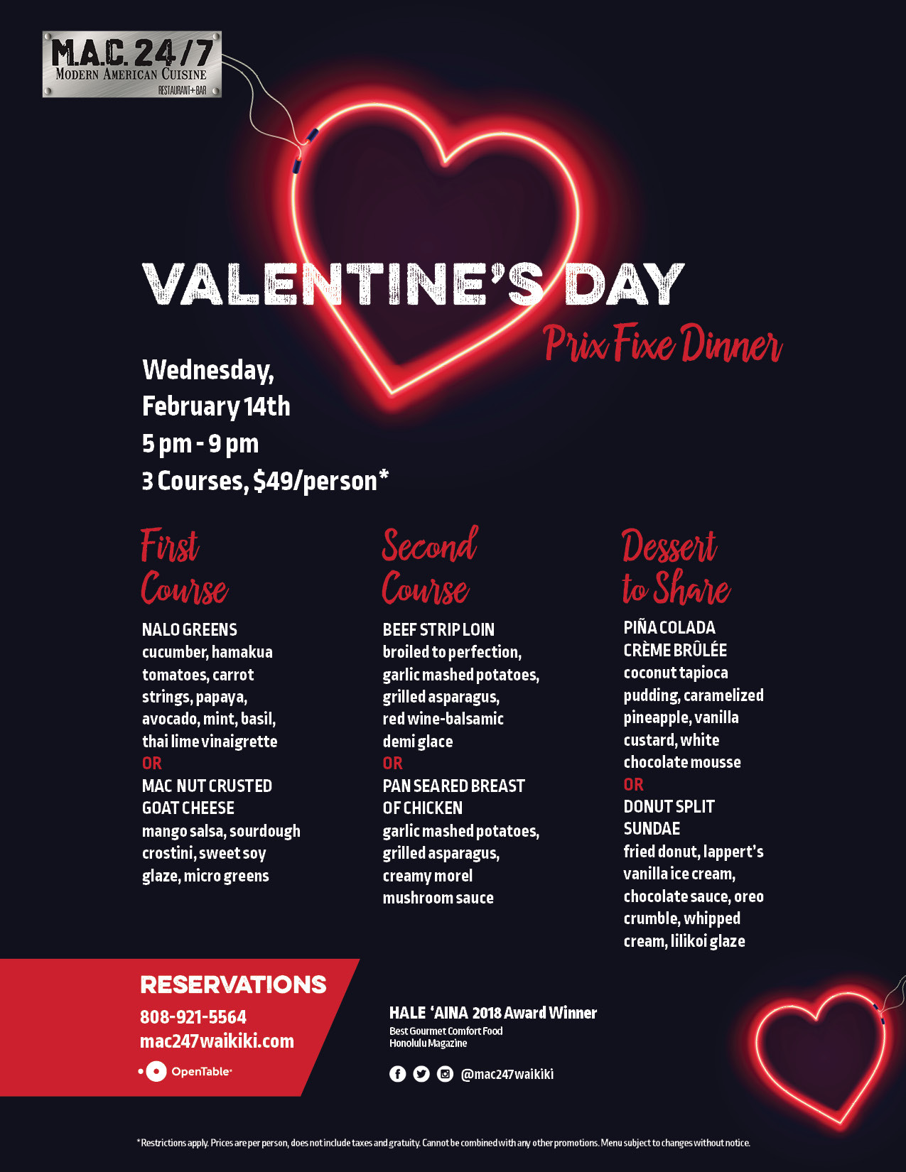 Valentines Day Dinner Specials
 Valentine s Day Prix Fixe Dinner Mac 24 7 Restaurant Bar