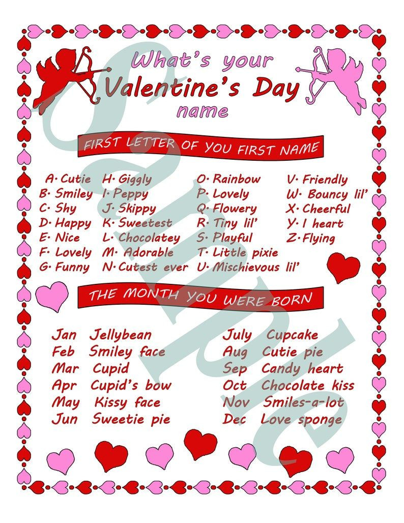 Valentines Day Party Names
 What s your Valentine s Day name 8" x 10" With Name Tags